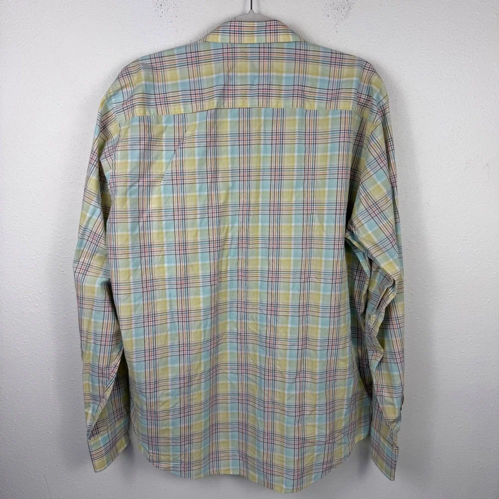 Bugatchi Mens Classic Fit‎ Plaid Button Down Shirt Yellow Green Flamingo Large